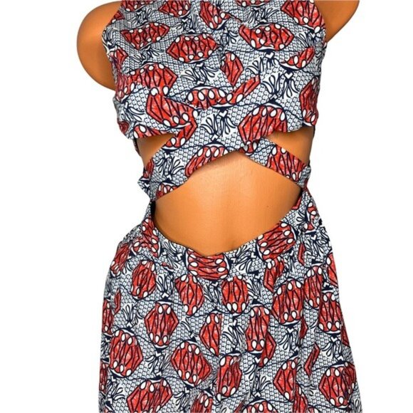 Zara Trafaluc Cut Out Mini Dress Red Navy Printed Fit Flair Cross Halter Size XS - Picture 3 of 13